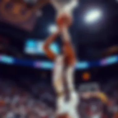 A basketball player making a crucial shot during a game.