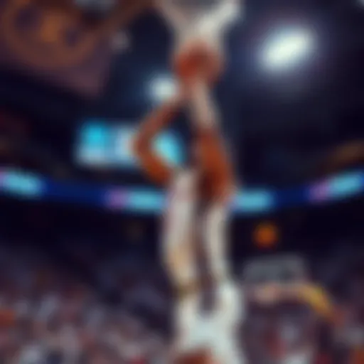 A basketball player making a crucial shot during a game.