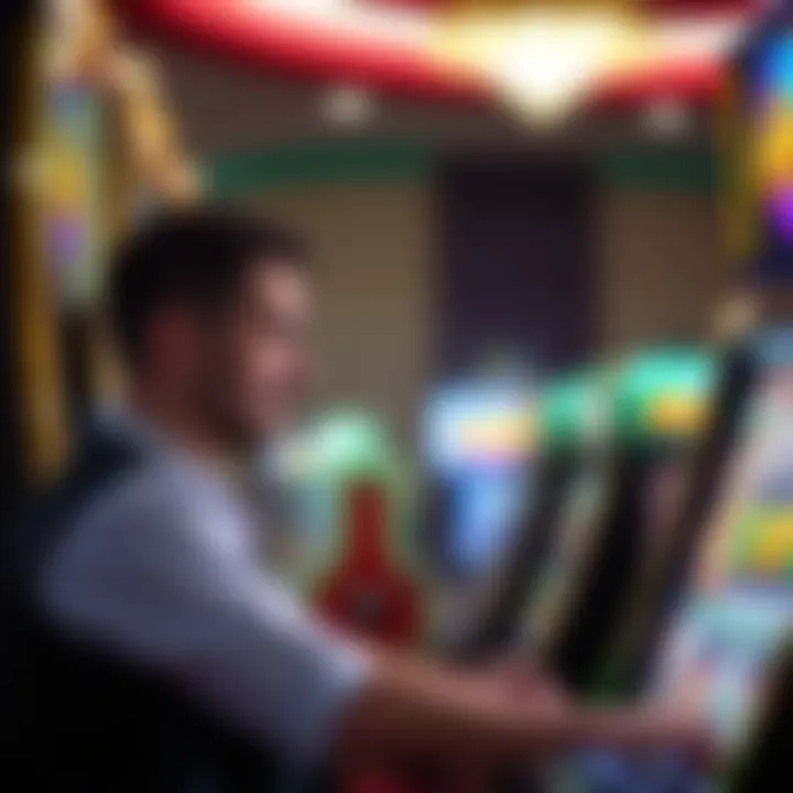 Player engaging with the slot machine in a lively environment