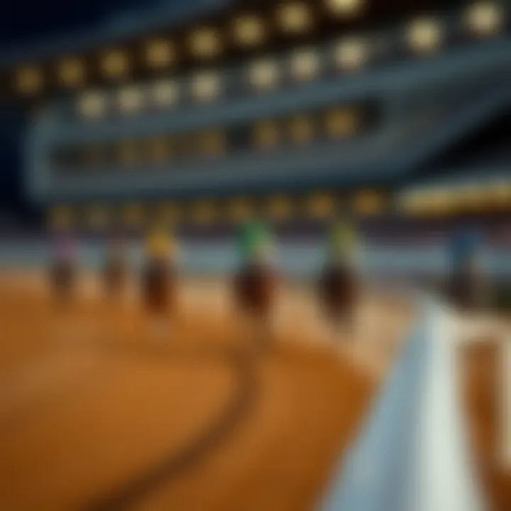 A close-up of a horse racing track during a vibrant race day