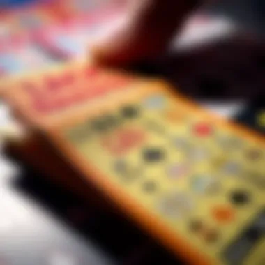 Close-up of a scratch ticket being revealed, showcasing hidden symbols and prizes