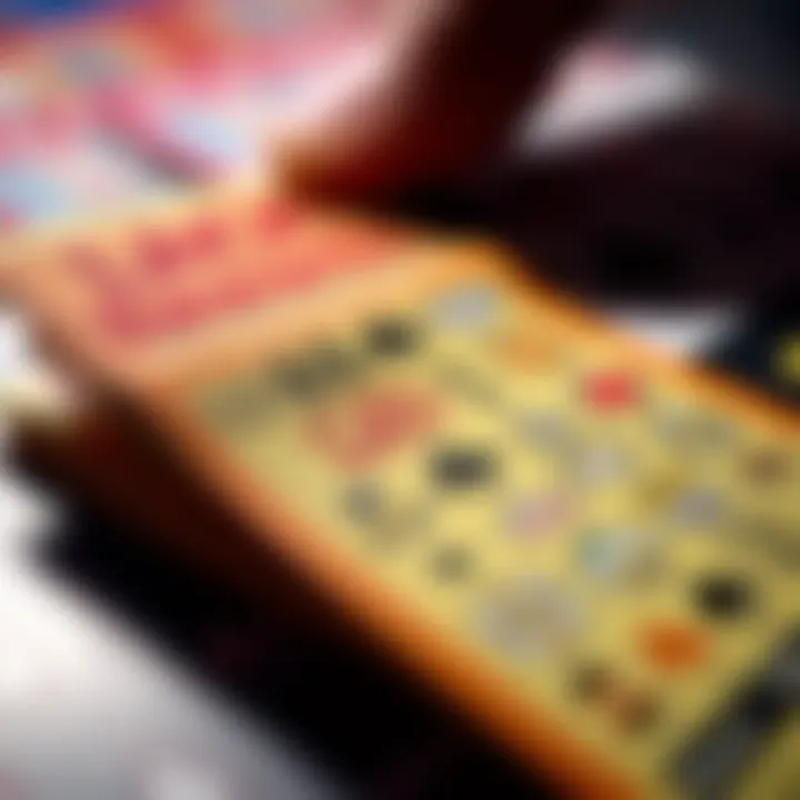 Close-up of a scratch ticket being revealed, showcasing hidden symbols and prizes