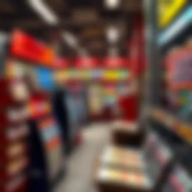 An overview of a bustling lottery retail environment with scratch tickets prominently featured