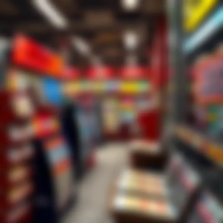 An overview of a bustling lottery retail environment with scratch tickets prominently featured
