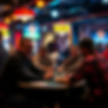 Group of enthusiastic players discussing strategies in a poker lounge