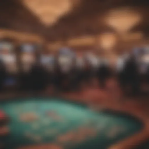 A vibrant view of a bustling casino floor filled with gaming tables and slot machines