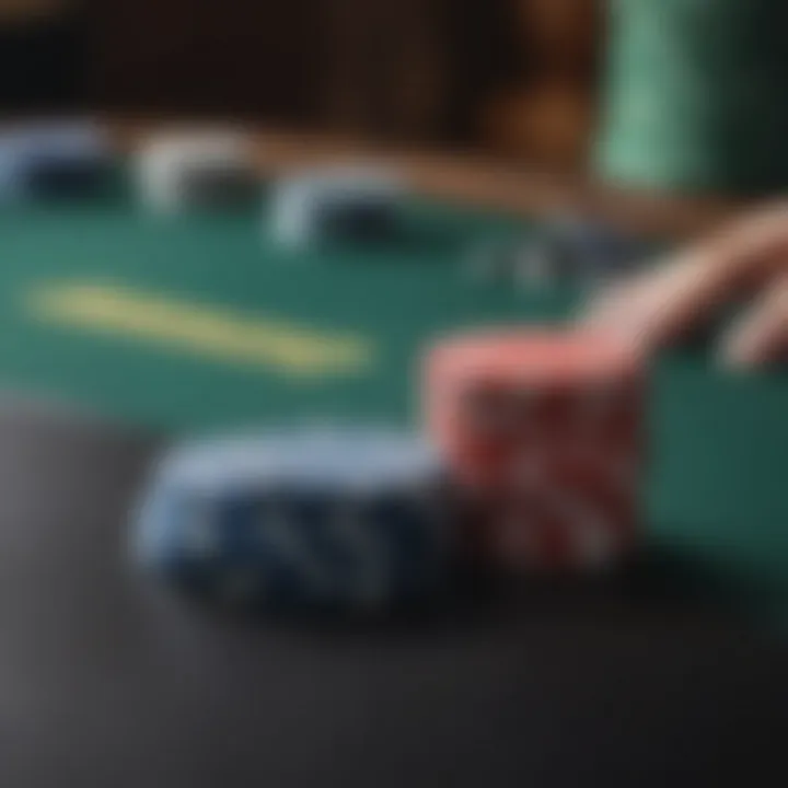 Close-up of poker chips and cards on a table