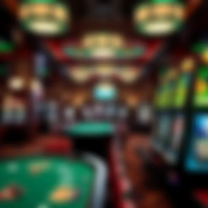 Exciting Gaming Atmosphere Inside the Lucky Shamrock Casino Interior of the casino featuring gaming tables and slot machines