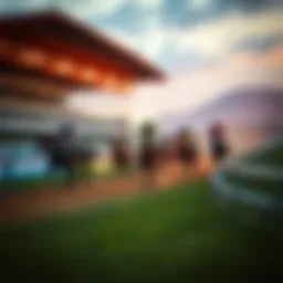 A vibrant race track with horses galloping