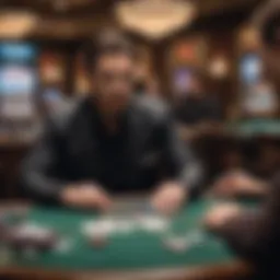 A focused poker dealer managing a game at a casino table