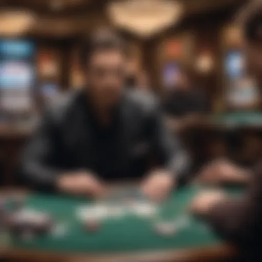 A focused poker dealer managing a game at a casino table