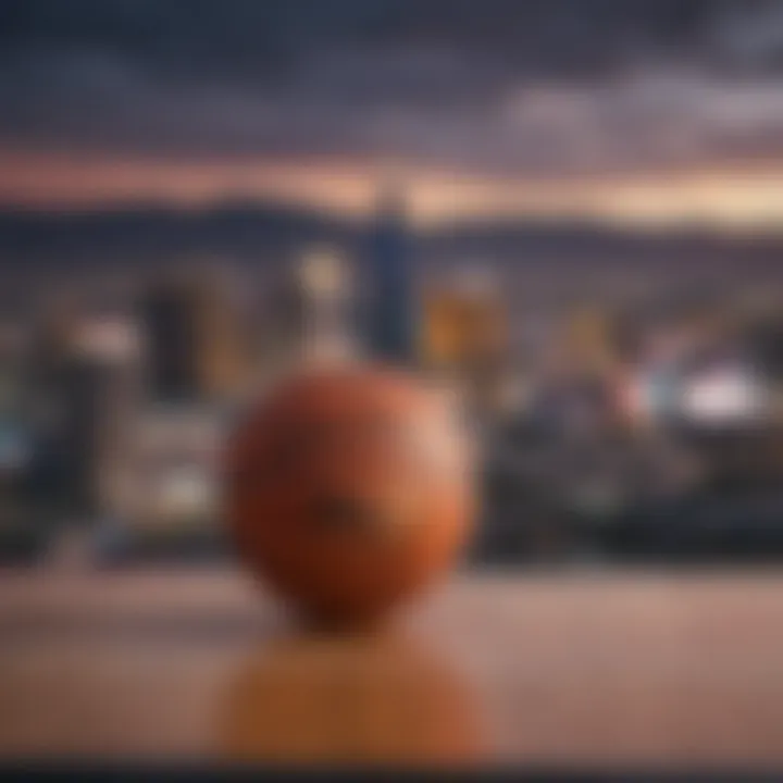 Prominent Las Vegas skyline with a basketball theme